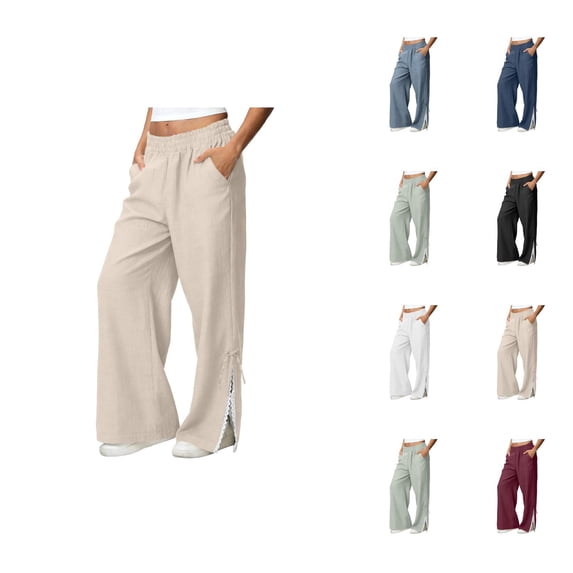 Lounge Pants Women Spring Fall Elastic Waist Cute Lace Side Split Hem Wide Straight Leg Loose Flowy Pants with Pockets