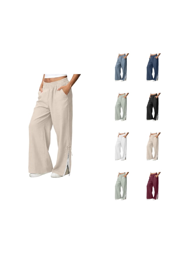 Lounge Pants Women Spring Fall Elastic Waist Cute Lace Side Split Hem Wide Straight Leg Loose Flowy Pants with Pockets