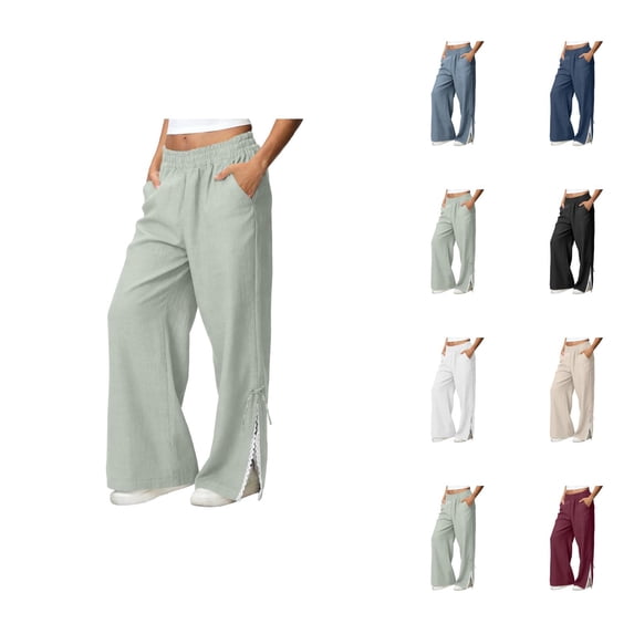 Lounge Pants Women Spring Fall Elastic Waist Cute Lace Side Split Hem Wide Straight Leg Loose Flowy Pants with Pockets