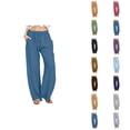 thumbnail image 1 of Lounge Pants Women Spring Summer Elastic Waist Wide Straight Leg Loose Casual Cotton Linen Pants with Pockets, 1 of 7