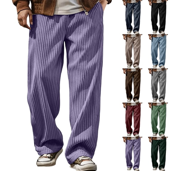 Lounge Pants for Men Corduroy Vertical Striped Wide Leg Adjustable Drawstring Waist Casual Straight Pockets Trousers