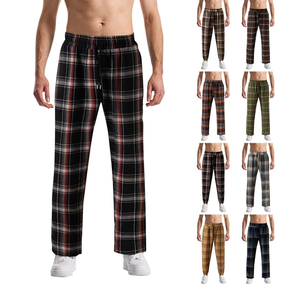 Lounge Pants for Men Sleepwear Bottoms Cotton Gauze Fabric Plaid Print Sleep Pants Pajama Bottoms