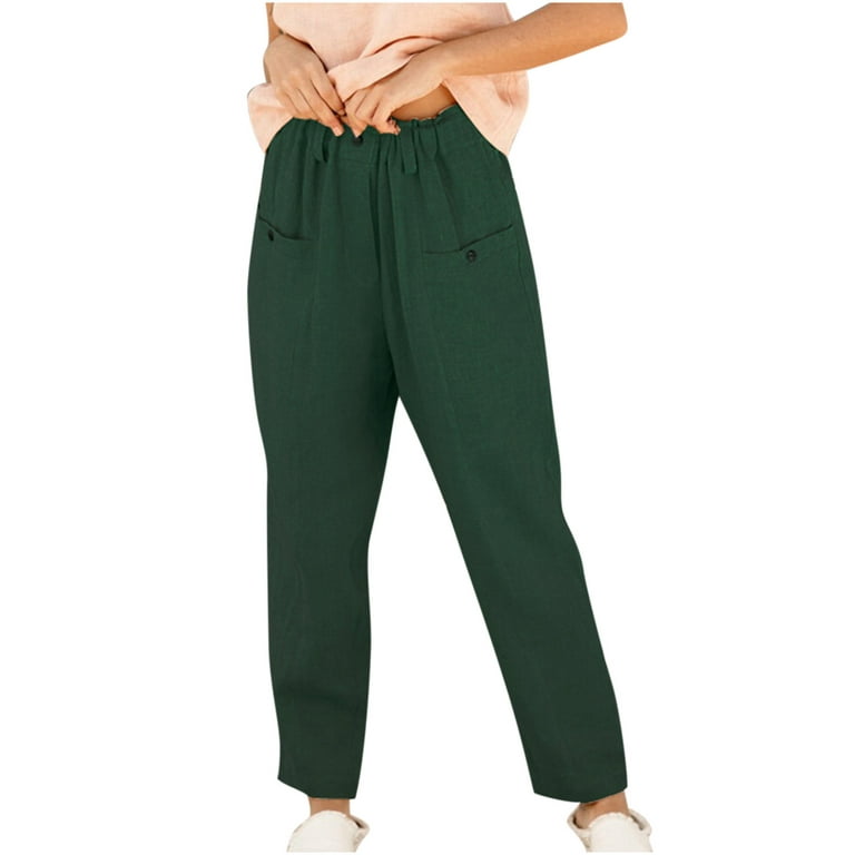 Lounge Pants for Women Cotton Linen Elastic Waisted Summer Casual Baggy  Solid Color Slacks Trousers with Pockets (3X-Large, Green)