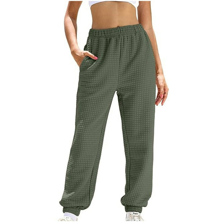 Lounge Pants for Women Solid Color Elastic Waist Straight Leg Waffle Long Sweatpants Ladies Fall Winter Sport Joggers Army Green XXL Walmart