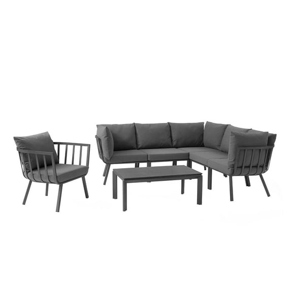 Lounge Sectional Sofa Chair Set, Aluminum, Metal, Steel, Grey Gray, Modern Contemporary Urban Design, Outdoor Patio Balcony Cafe Bistro Garden Furniture Hotel Hospitality
