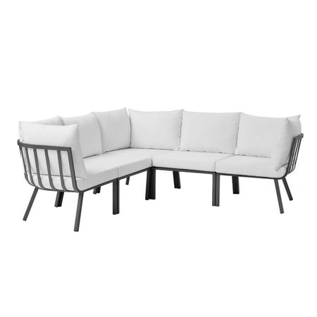 Lounge Sectional Sofa Chair Set, Aluminum, Metal, Steel, Grey Gray White, Modern Contemporary Urban Design, Outdoor Patio Balcony Cafe Bistro Garden Furniture Hotel Hospitality