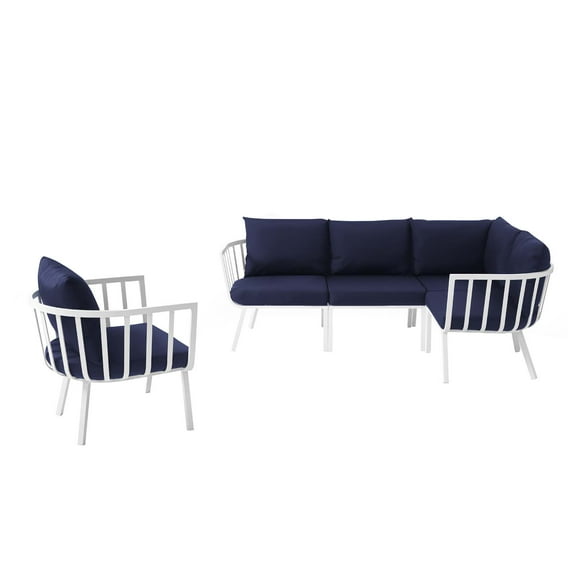Lounge Sectional Sofa Chair Set, Aluminum, Metal, Steel, White Blue Navy, Modern Contemporary Urban Design, Outdoor Patio Balcony Cafe Bistro Garden Furniture Hotel Hospitality