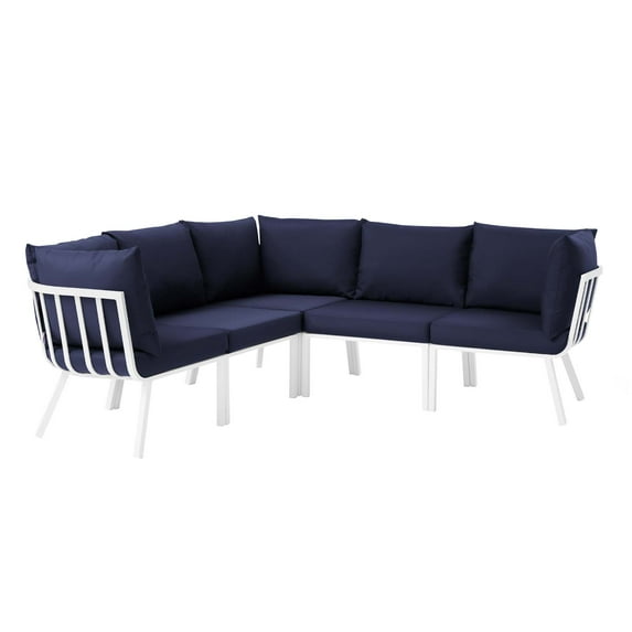 Lounge Sectional Sofa Chair Set, Aluminum, Metal, Steel, White Blue Navy, Modern Contemporary Urban Design, Outdoor Patio Balcony Cafe Bistro Garden Furniture Hotel Hospitality