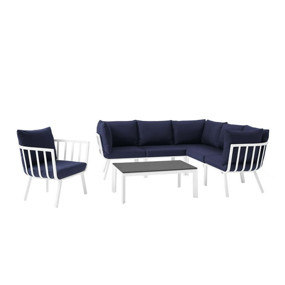 Lounge Sectional Sofa Chair Set, Aluminum, Metal, Steel, White Blue Navy, Modern Contemporary Urban Design, Outdoor Patio Balcony Cafe Bistro Garden Furniture Hotel Hospitality