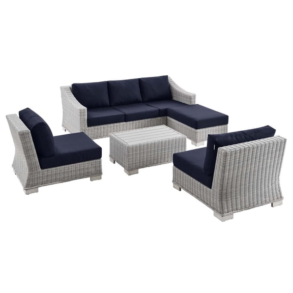 Lounge Sectional Sofa Table Set, Blue Navy, Rattan, Wicker, Outdoor Patio Balcony Cafe Bistro Garden Hospitality Restaurant, Modern Contemporary HB33619