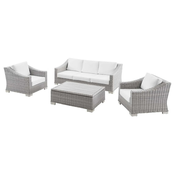 Lounge Sectional Sofa Chair Set, Rattan, Wicker, Light Grey Gray White, Modern Contemporary Urban Design, Outdoor Patio Balcony Cafe Bistro Garden Furniture Hotel Hospitality