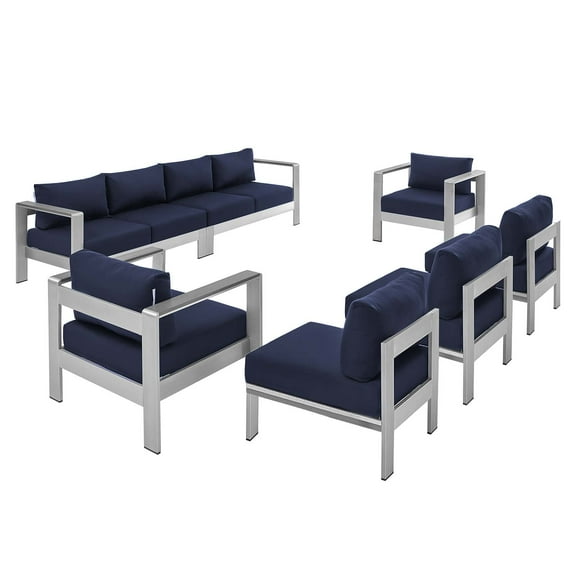 Lounge Sectional Sofa Chair Set, Sunbrella, Fabric, Aluminum, Metal, Steel, Silver Blue Navy, Modern Contemporary Urban Design, Outdoor Patio Balcony Cafe Bistro Garden Furniture Hotel Hospitality