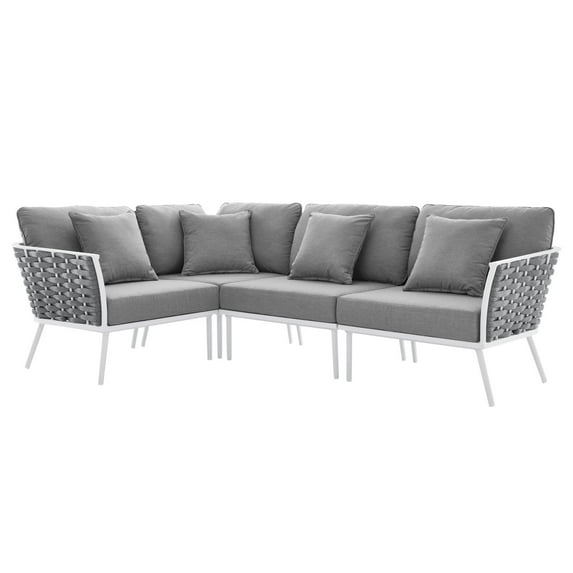 Lounge Sectional Sofa Chair Set, White Grey Gray, Aluminum, Metal, Fabric, Modern Contemporary, Outdoor Patio Balcony Cafe Bistro Garden Furniture Hotel Hospitality