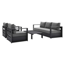 Lounge Sectional Sofa Chair Table Set, Grey Gray, Aluminum, Metal, Fabric, Modern Contemporary, Outdoor Patio Balcony Cafe Bistro Garden Furniture Hotel Hospitality