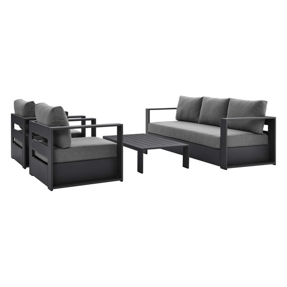 Lounge Sectional Sofa Chair Table Set, Grey Gray, Aluminum, Metal, Fabric, Modern Contemporary, Outdoor Patio Balcony Cafe Bistro Garden Furniture Hotel Hospitality