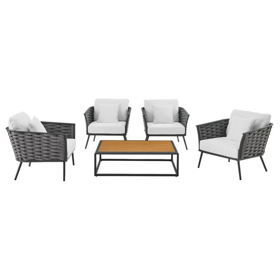 Lounge Sectional Sofa Chair Table Set, White, Aluminum, Metal, Fabric, Modern Contemporary, Outdoor Patio Balcony Cafe Bistro Garden Furniture Hotel Hospitality