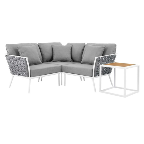 Lounge Sectional Sofa Chair Table Set, White Grey Gray, Aluminum, Metal, Fabric, Modern Contemporary, Outdoor Patio Balcony Cafe Bistro Garden Furniture Hotel Hospitality