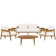 Lounge Sectional Sofa Chair Table Set, White Natural, Teak Wood, Fabric, Modern Contemporary, Outdoor Patio Balcony Cafe Bistro Garden Furniture Hotel Hospitality