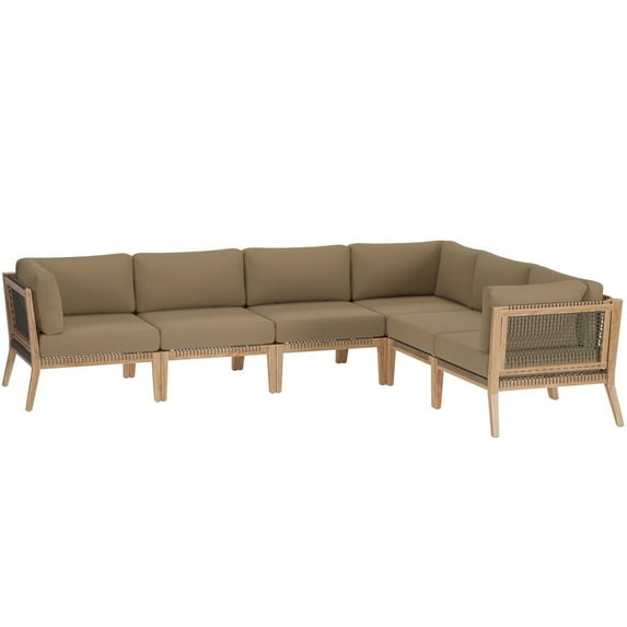 Lounge Sectional Sofa Set, Brown Natural, Teak Wood, Outdoor Patio Balcony Cafe Bistro Garden Hospitality Restaurant, Modern Contemporary HB34469