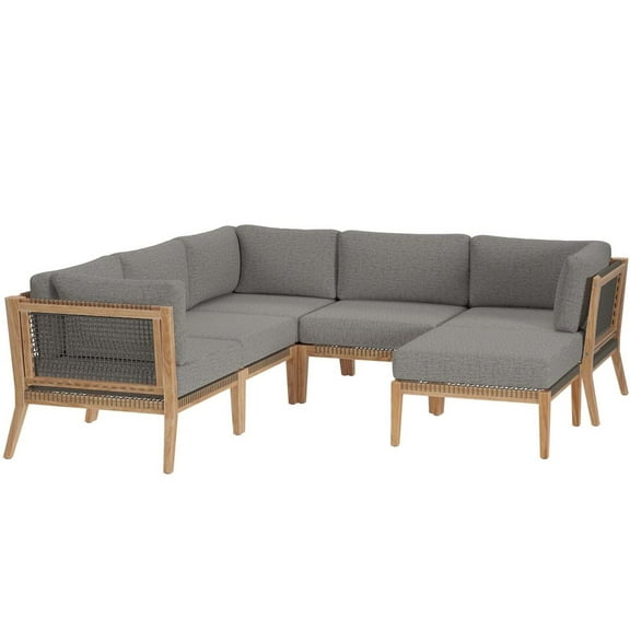 Lounge Sectional Sofa Set, Grey Gray Natural, Teak Wood, Outdoor Patio Balcony Cafe Bistro Garden Hospitality Restaurant, Modern Contemporary HB34464