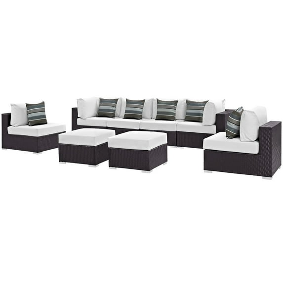 Lounge Sectional Sofa Set, White, Rattan, Wicker, Outdoor Patio Balcony Cafe Bistro Garden Hospitality Restaurant, Modern Contemporary HB36509
