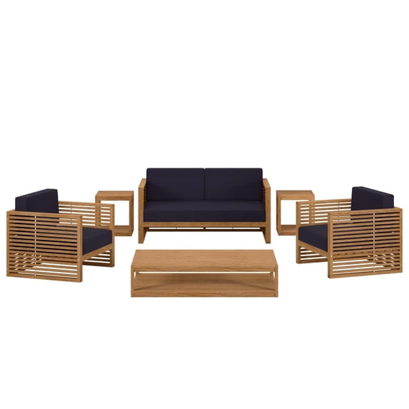 Lounge Sectional Sofa Table Set, Blue Navy Natural, Teak Wood, Outdoor Patio Balcony Cafe Bistro Garden Hospitality Restaurant, Modern Contemporary HB34141