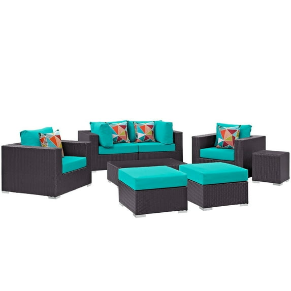 Lounge Sectional Sofa Table Set, Blue, Rattan, Wicker, Outdoor Patio Balcony Cafe Bistro Garden Hospitality Restaurant, Modern Contemporary HB33017