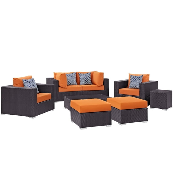 Lounge Sectional Sofa Table Set, Orange, Rattan, Wicker, Outdoor Patio Balcony Cafe Bistro Garden Hospitality Restaurant, Modern Contemporary HB33014