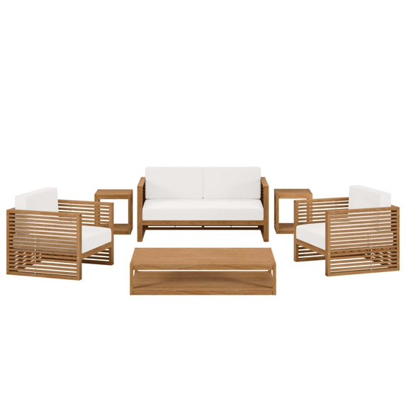 Lounge Sectional Sofa Table Set, White Natural, Teak Wood, Outdoor Patio Balcony Cafe Bistro Garden Hospitality Restaurant, Modern Contemporary HB34142
