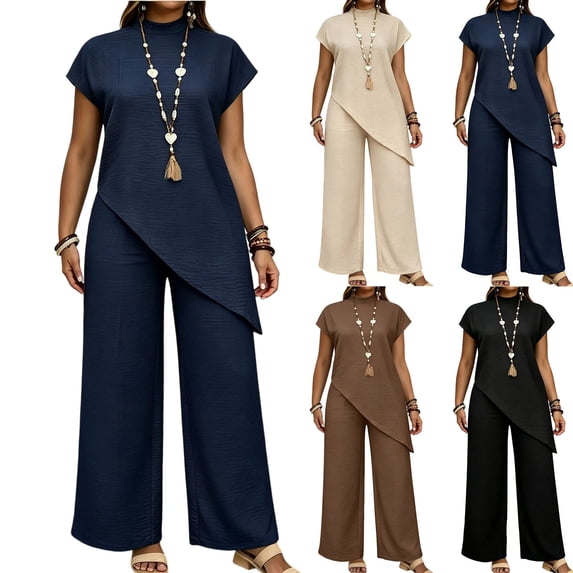 Lounge Set Summer Casual Oversized Shirts Women Spring And Summer Solid Color Irregular Tops Wide-Leg Pants Suit Navy S