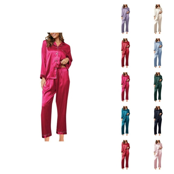 Lounge Set – Summer Sleepwear for Women Women's Fashionable Pajama Set Silk Pajamas 2 Piece Satin Pajama Set Long Sleeve Button Down Casual Suit With Pants