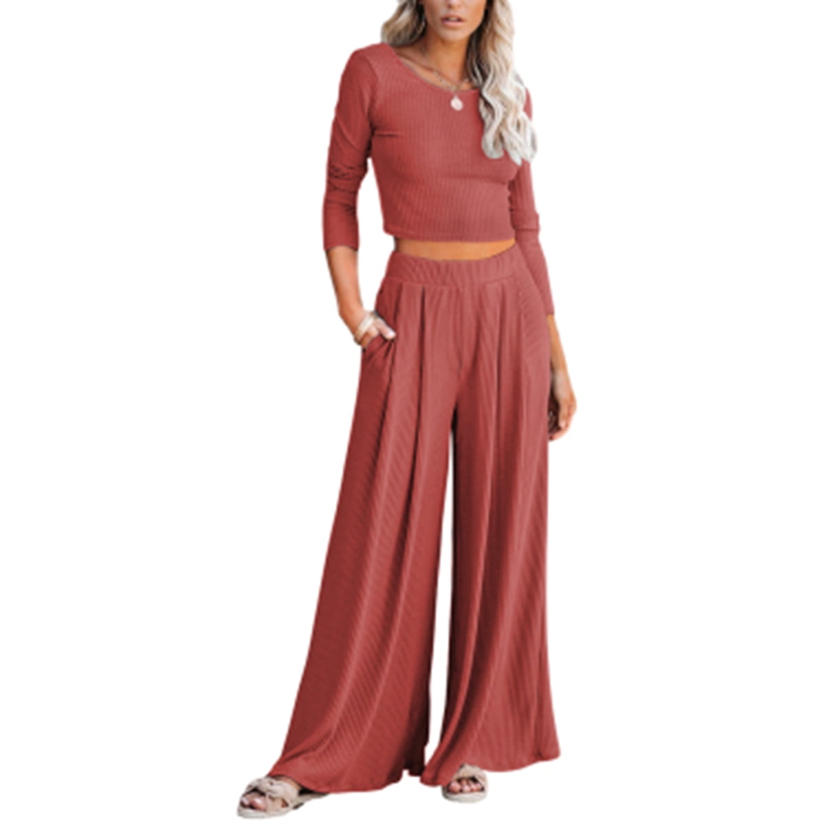 Women's 2 Pieces Long Sleeve Lounge Set Ribbed Crop Top + Palazzo