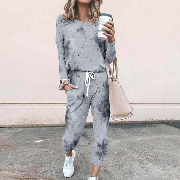 Lounge Set for Women Sweatsuit 2 Piece Printed Long Sleeved Outfits Loose Jogger Sets Fall Outfits Solid Tracksuits with Pockets