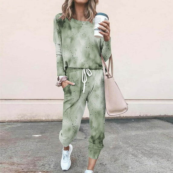 Lounge Set for Women Sweatsuit 2 Piece Printed Long Sleeved Outfits Loose Jogger Sets Fall Outfits Solid Tracksuits with Pockets