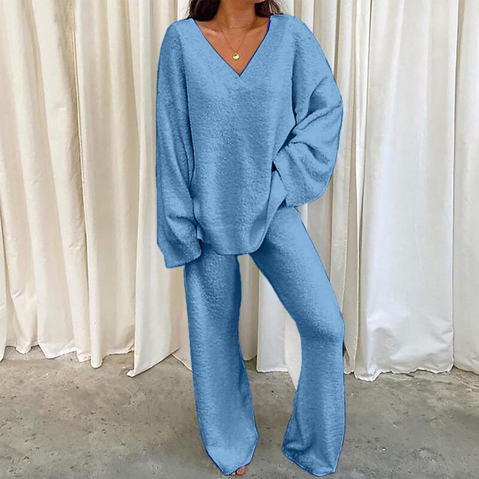 Lounge Sets Clearance under $20 Women Two Piece Outfits Long Sleeve Solid  Color Tops With High Waist Pants Baggy Warm Pajama Sets Blue L 