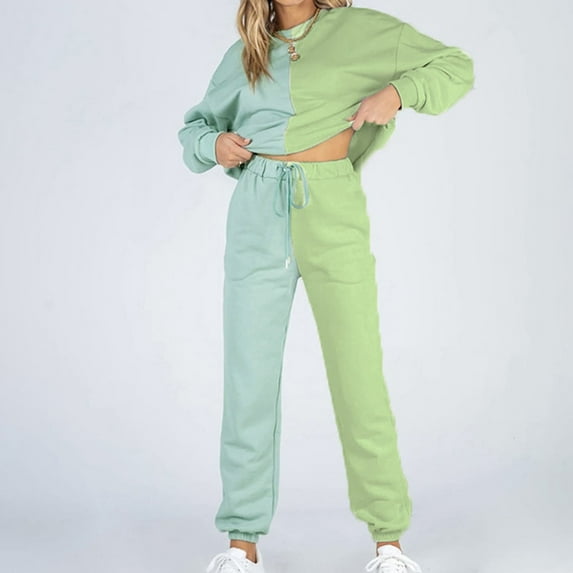 Lounge Sets For Women 2 Piece Fall Fashion Long Sleeve Round-Neck Blouses Shirts Elastic Waist Tie Pocket Pants Up to 65% off