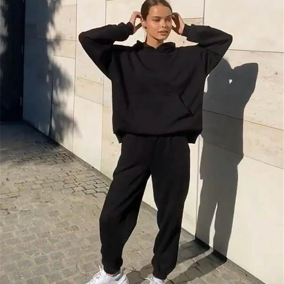 Lounge Sets For Women Women'S Solid Hooded Pocket Long Sleeve Sweater Casual Two-Piece Long Sleeve Hooded Suit Black Xl