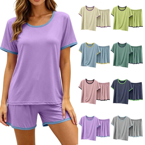 Lounge Sets Ndbuld Women's Solid Color Crew Neck Short-Sleeve Top And Shorts Pajama Set Purple L