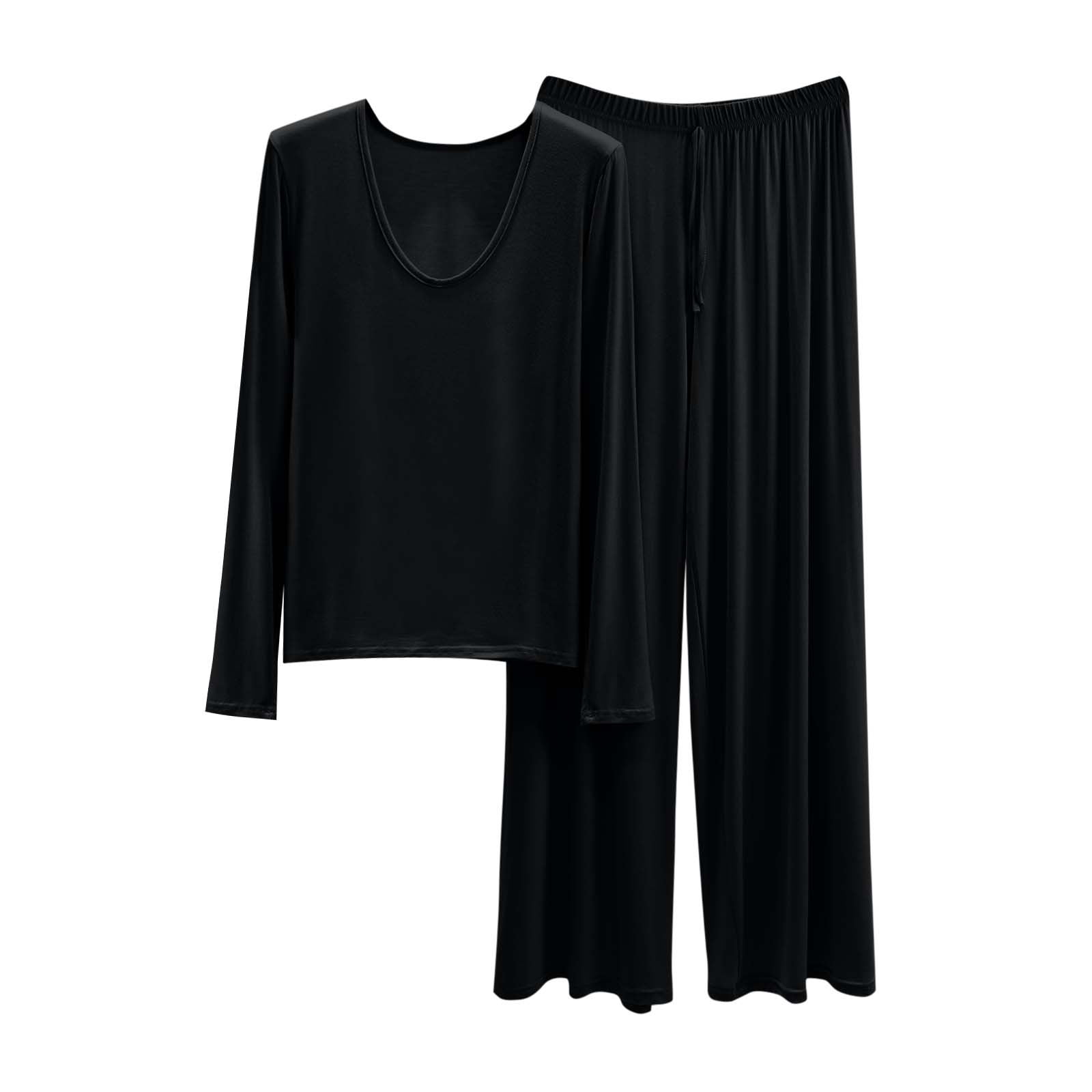 Lounge Sets for Women 2 Piece Cotton Linen Pants Set for Women 2 Piece Women's Loose Solid Color T-shirt Wide Leg Pants Home Wear Two-piece Long Sleeve U-Neck Shirts Sets