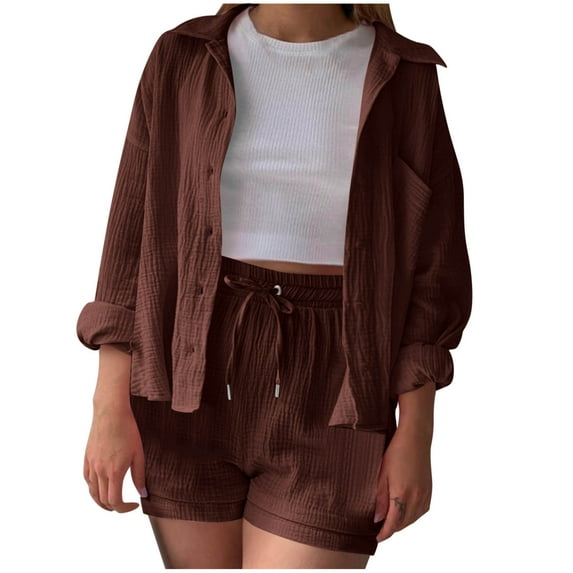 Lounge Sets for Women 2 Piece Cotton Linen Sets for Women 2 Piece Pants Women's Summer Piece Long Sleeve Shirt High Waist Drawstring Shorts Casual Set