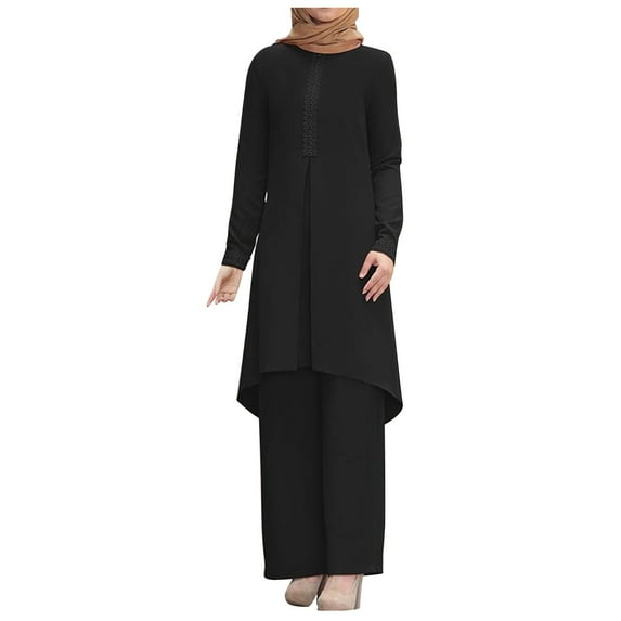 Lounge Sets for Women 2 Piece Linen Outfits Women 2 Piece Plus Size Women Spring Solid Color Muslim Solid Color Long Sleeve Shirt Coat Wide Leg Trousers Casual Suit