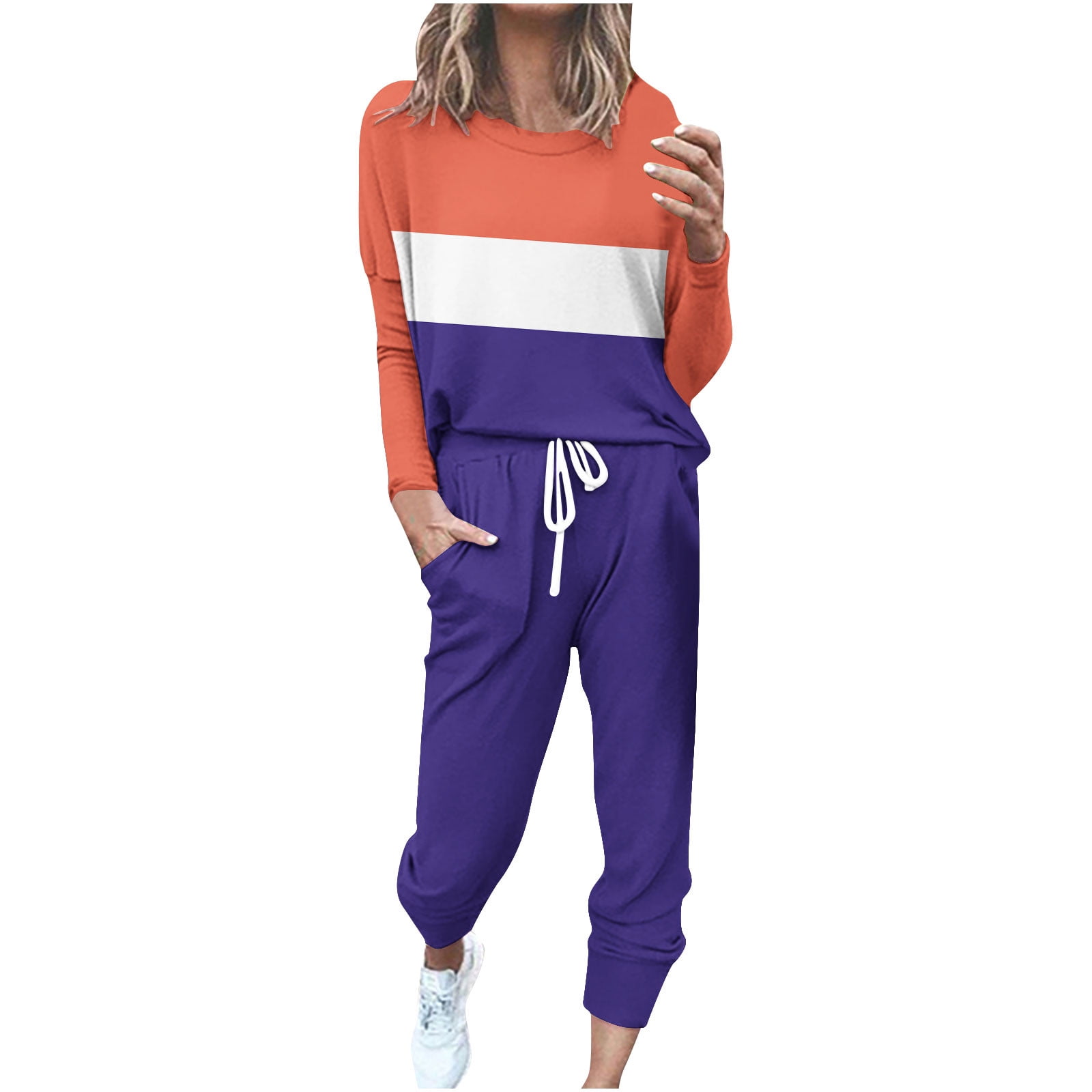 Lounge Sets for Women 2 Piece Women Two Piece Outfits Sets Fall Pants Women'S Round Neck Long Sleeve Top + Pants Color Blocking Home Sports Casual Yoga Suit