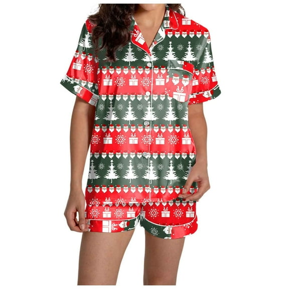 Lounge Sets for Women – Button Up Pajamas & Fall Thermal Pajamas Women's Casual Christmas Print Pajama Set Silk Satin Short Sleeve Button Up Top And Shorts Set