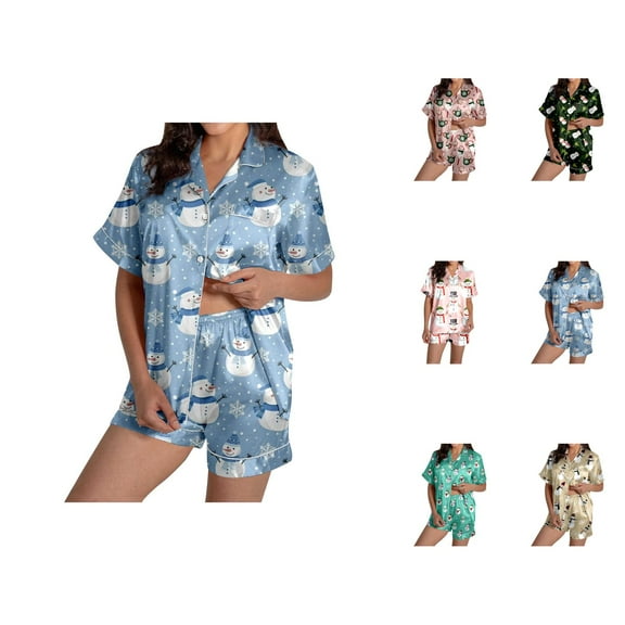 Lounge Sets for Women – Button Up Pajamas & Fall Thermal Pajamas Women's Snowman Print Short Sleeve Top & Shorts Pajama Set Festive Christmas Sleepwear Ensemble