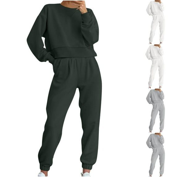 Lounge Sets for Women Fall 2025 Loungewear 2 Piece Outfits Solid Color Classic Versatile Shirt Straight Pants Long Sleeved Round Neck Shirt Set Plus Size Outfits Jogger Sweatsuit Sets Dark Gray M