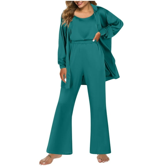 Lounge Sets for Women – Lightweight Two Piece Pajamas Travel-Friendly Sleepwear Spring or Fall Women's Pajama Set Three Short Sleeved Button Casual With Long Pants