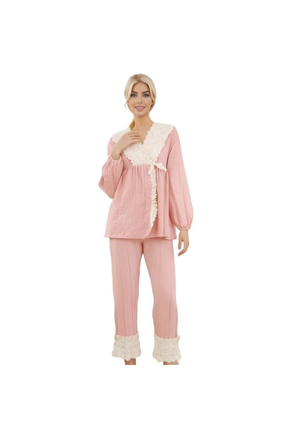 Lounge Sets for Women – Maternity Pajama Sets with High Waist Shorts Cozy Cotton Two Piece Pajamas for Recovery or Spa Women's Jacquard Long Sleeve Pajamas Set Plus Size Loose Lace Home Dress Set