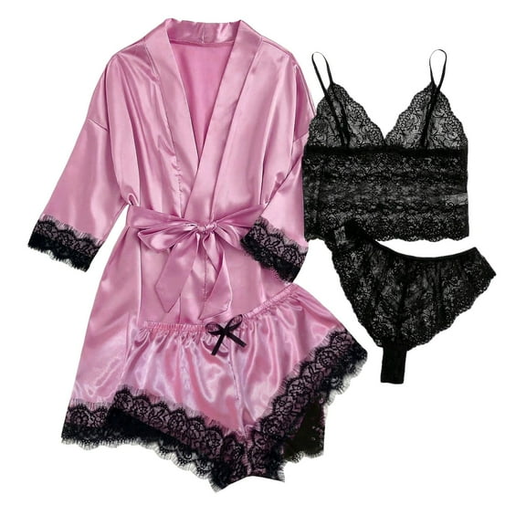 Lounge Sets for Women – Minimalist Pajama with Button Top and Shorts Weekend Relaxation Silk Pajamas For Set 4 Piece Satin Sleepwear Classic Down Short Sleeve Pj Cute Loungewear