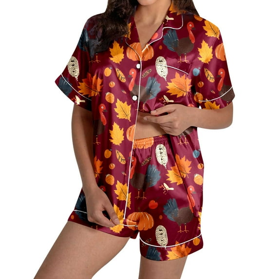 Lounge Sets for Women – Relaxed Fit Two Piece Sets for Postpartum, Nursing or Casual Sleepwear Looks Ladies' Thanksgiving Turkey Print Pajama Shorts Set 2024