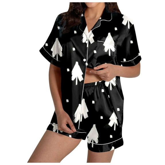Lounge Sets for Women – Relaxed Pajama Easy Morning Routines or Lazy Days Ladies' Fashionable Casual Reindeer Snowflake Christmas Tree Snowman Print Silk Satin Short Sleeved Button Up Pajamas Set
